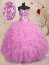 Clearance Lilac Sleeveless Floor Length Beading and Ruffles Lace Up 15 Quinceanera Dress
