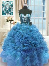 Latest Blue Ball Gowns Organza Sweetheart Sleeveless Beading and Ruffles Floor Length Lace Up Sweet 16 Dresses