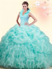  Apple Green Ball Gowns Beading and Ruffles and Pick Ups Sweet 16 Dresses Backless Organza Sleeveless