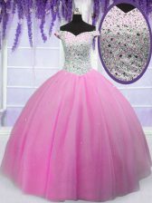  Hot Pink Tulle Lace Up Off The Shoulder Short Sleeves Floor Length Vestidos de Quinceanera Beading