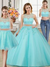 Three Piece Scoop Aqua Blue Tulle Zipper Sweet 16 Dresses Sleeveless Floor Length Beading and Appliques