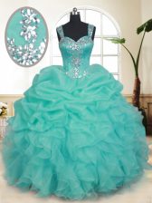  Turquoise Quinceanera Gown Military Ball and Sweet 16 and Quinceanera with Beading and Ruffles and Pick Ups Straps Sleeveless Zipper
