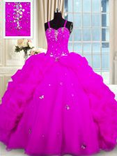 Modest Fuchsia Quinceanera Dress Military Ball and Sweet 16 and Quinceanera with Beading and Pick Ups Spaghetti Straps Sleeveless Lace Up