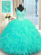 Enchanting Aqua Blue Sleeveless Beading and Ruffles Floor Length Vestidos de Quinceanera