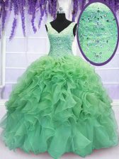 Simple V-neck Lace Up Beading and Ruffles Quince Ball Gowns Sleeveless