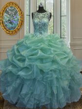 Sexy Scoop Sleeveless 15 Quinceanera Dress Floor Length Beading and Ruffles and Pick Ups Green Organza