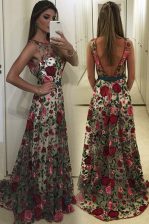  Sweep Train A-line Prom Party Dress Multi-color Scoop Lace Sleeveless With Train Backless