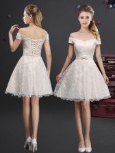 Delicate Off the Shoulder Sleeveless Lace Knee Length Lace Up Vestidos de Damas in Champagne with Lace and Appliques