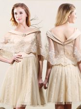  Lace Mini Length Champagne Court Dresses for Sweet 16 Off The Shoulder Sleeveless Zipper