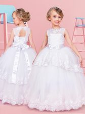  Scoop White Tulle Lace Up Flower Girl Dresses Sleeveless Floor Length Lace and Bowknot