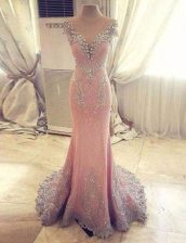 Unique Mermaid Rose Pink Clasp Handle Sweetheart Beading and Appliques Dress for Prom Satin Cap Sleeves Watteau Train