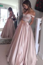Sophisticated Off the Shoulder Pink A-line Beading Zipper Satin Short Sleeves Floor Length