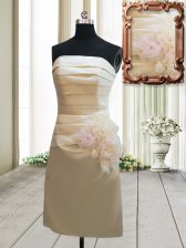 Lovely Mini Length Champagne Prom Evening Gown Satin Sleeveless Ruching and Hand Made Flower