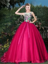 High Class Scoop Hot Pink Sleeveless Brush Train Appliques and Belt Quinceanera Gowns