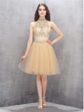 Sweet Champagne Zipper Prom Evening Gown Beading Sleeveless Knee Length
