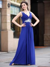  Sleeveless Chiffon Floor Length Zipper Prom Dresses in Blue with Beading and Appliques and Ruching