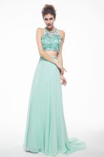 Most Popular Scoop Apple Green Column/Sheath Beading Prom Dresses Criss Cross Chiffon Sleeveless With Train