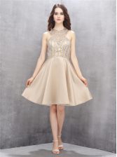  Beading Prom Gown Champagne Criss Cross Sleeveless Knee Length