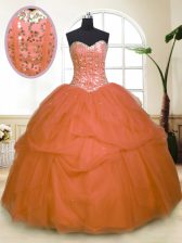  Orange Ball Gowns Tulle Sweetheart Sleeveless Sequins and Pick Ups Floor Length Zipper Quinceanera Dresses