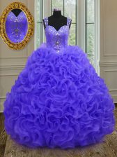  Purple Zipper Straps Beading and Ruffles Quinceanera Dress Organza Sleeveless