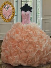 Modern Sweetheart Sleeveless 15th Birthday Dress Sweep Train Beading and Pick Ups Peach Organza