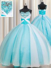  White and Blue Spaghetti Straps Lace Up Beading Quinceanera Dresses Sleeveless
