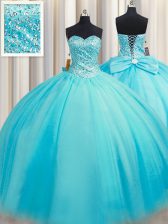 Unique Puffy Skirt Beading Quince Ball Gowns Baby Blue Lace Up Sleeveless Floor Length