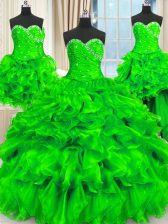 Great Four Piece Three Pieces Organza Sweetheart Sleeveless Beading and Ruffles and Ruching Floor Length Lace Up Sweet 16 Dresses