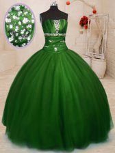 Sweet Green Lace Up Strapless Beading Quince Ball Gowns Tulle Sleeveless