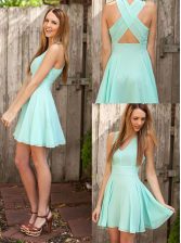 Exquisite Pleated V-neck Sleeveless Criss Cross Prom Dresses Apple Green Chiffon