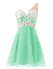 A-line Prom Dress Apple Green One Shoulder Chiffon Sleeveless Knee Length Criss Cross