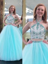 Pretty Halter Top Blue A-line Beading Prom Dress Backless Tulle Sleeveless Floor Length