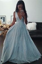 Light Blue A-line Taffeta V-neck Sleeveless Beading and Lace Floor Length Zipper Prom Dresses