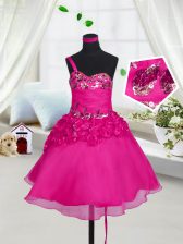  Fuchsia A-line Sweetheart Sleeveless Organza Knee Length Lace Up Beading and Hand Made Flower Pageant Gowns For Girls