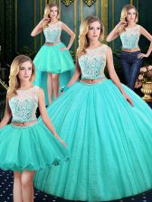 Hot Sale Four Piece Scoop Floor Length Lace Up Vestidos de Quinceanera Blue for Military Ball and Sweet 16 and Quinceanera with Lace and Sequins