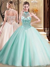 Deluxe Aqua Blue Halter Top Neckline Beading Quince Ball Gowns Sleeveless Lace Up