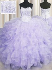  Lavender Ball Gowns Scalloped Sleeveless Organza Floor Length Lace Up Beading and Ruffles Sweet 16 Quinceanera Dress