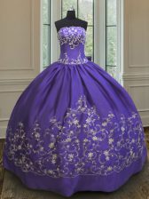  Purple Ball Gowns Satin Strapless Sleeveless Embroidery Floor Length Lace Up Quinceanera Dress