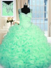 Custom Fit Beading and Ruffles Quinceanera Gown Apple Green Zipper Sleeveless Floor Length