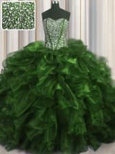  Visible Boning Olive Green Lace Up Quinceanera Dresses Beading and Ruffles Sleeveless With Brush Train