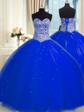  Royal Blue Tulle Backless Sweetheart Sleeveless Floor Length Sweet 16 Dresses Beading and Sequins