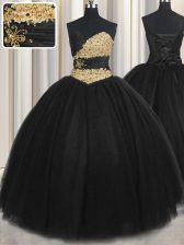  Black Sleeveless Tulle Lace Up Ball Gown Prom Dress for Military Ball and Sweet 16 and Quinceanera