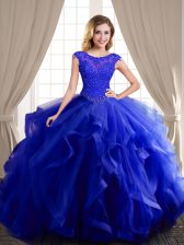  Royal Blue Quinceanera Gowns Military Ball and Sweet 16 and Quinceanera with Beading and Appliques and Ruffles Scoop Cap Sleeves Brush Train Lace Up