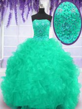  With Train Turquoise Ball Gown Prom Dress Strapless Sleeveless Brush Train Lace Up