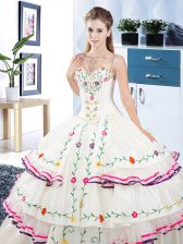 Delicate Scoop Beading and Embroidery and Ruffled Layers Quince Ball Gowns White Lace Up Sleeveless Floor Length