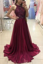 Hot Selling Halter Top Burgundy Chiffon Sweep Train Sleeveless Beading