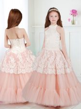 New Arrival A-line Flower Girl Dresses White and Peach Halter Top Tulle Sleeveless Floor Length Zipper