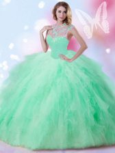  Sleeveless Floor Length Beading and Ruffles and Sequins Zipper 15 Quinceanera Dress with Apple Green