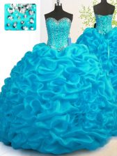 Attractive Sweetheart Sleeveless Organza Quince Ball Gowns Beading and Ruffles Brush Train Lace Up