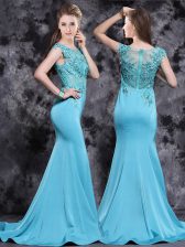  Mermaid Aqua Blue Scoop Zipper Appliques Prom Dresses Brush Train Cap Sleeves